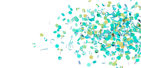 Beautiful image of teal and gold confetti falling on white background. Perfect for party invitations, celebrations, and festive designs.