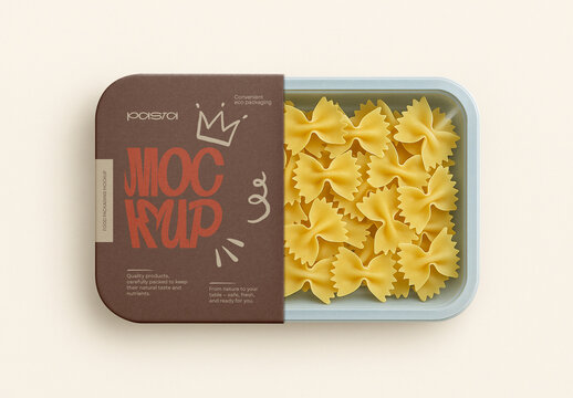 Template Farfalle Bowtie Pasta Food Packaging Mockup in Plastic Container Box for Branding and Label Design