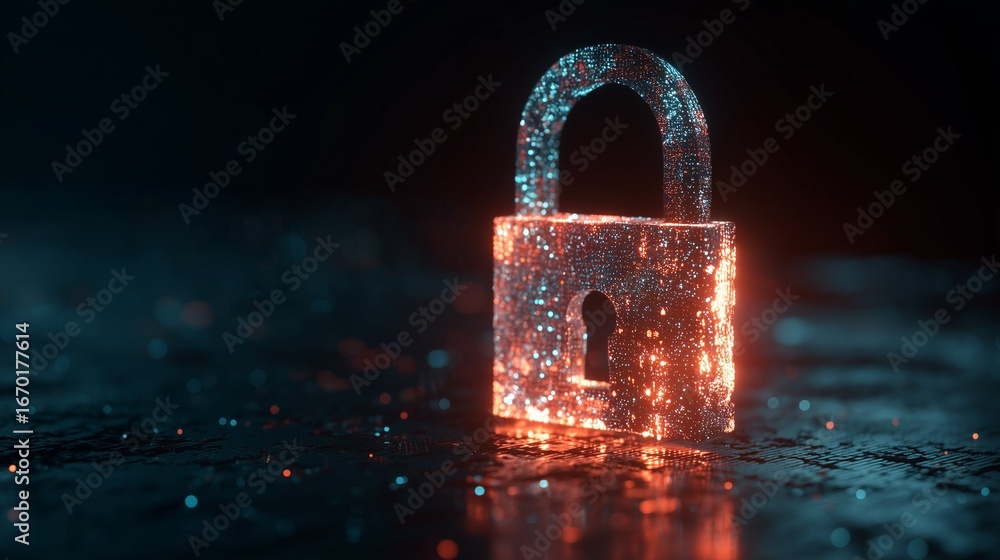 Poster futuristic glowing padlock on a dark background symbolizing advanced cybersecurity and data protecti