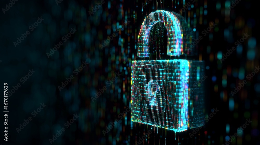 Poster illuminated digital padlock symbolizing robust cybersecurity and data protection in a networked worl