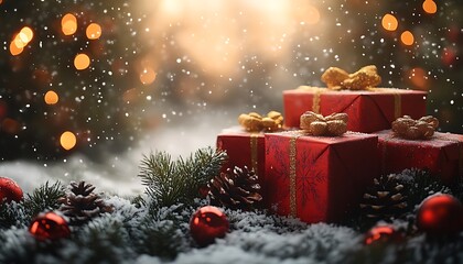Stack of red Christmas gifts with gold bows in snow and bokeh lights presents