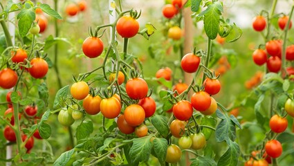 Fresh Organic Cherry Tomatoes on Vine in Greenhouse
