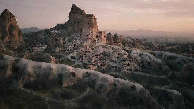Uchisar Castle and Cave Dwellings in Cappadocia at Sunset