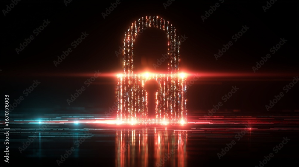 Poster glowing digital padlock of shimmering particles, illuminated by red and blue light on a dark, reflec