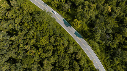 Aerial top view road in forest with car motion blur. Winding road through the forest. Car drive on...