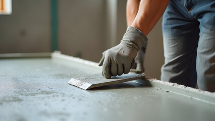 Construction site worker smoothing concrete surface with hand trowel