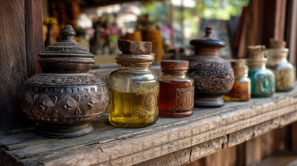 Antique jars and containers filled with colorful spices and oils are displayed on rustic wooden shelf, showcasing rich cultural heritage and beauty of traditional craftsmanship