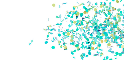 Beautiful teal and gold confetti falling on white background. Perfect for party invitations, banners, and celebrations.