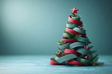 Stylized Christmas Tree with Red Star and Teal Ribbons on Blue Background abstract holiday
