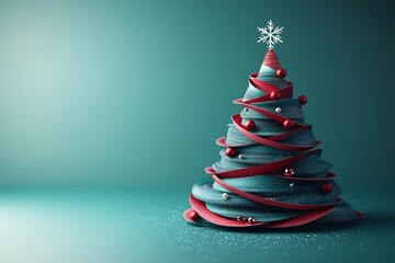 Stylized Teal and Red Ribbon Christmas Tree with Snowflake Topper image