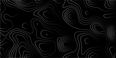 Abstract silver black background with Topographic line map pattern. abstract wavy and curved lines background. linear map. Dark seamless design. Bold tile able isolines pattern. Vector illustration.