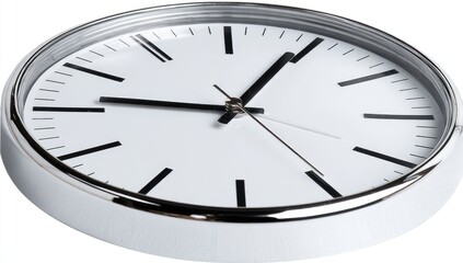 Round white clock with black numerals and hands
