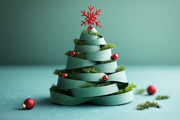 Teal ribbon Christmas tree with red ornaments and snowflake topper green 1