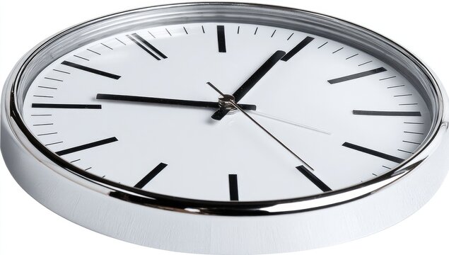 Round white clock with black numerals and hands