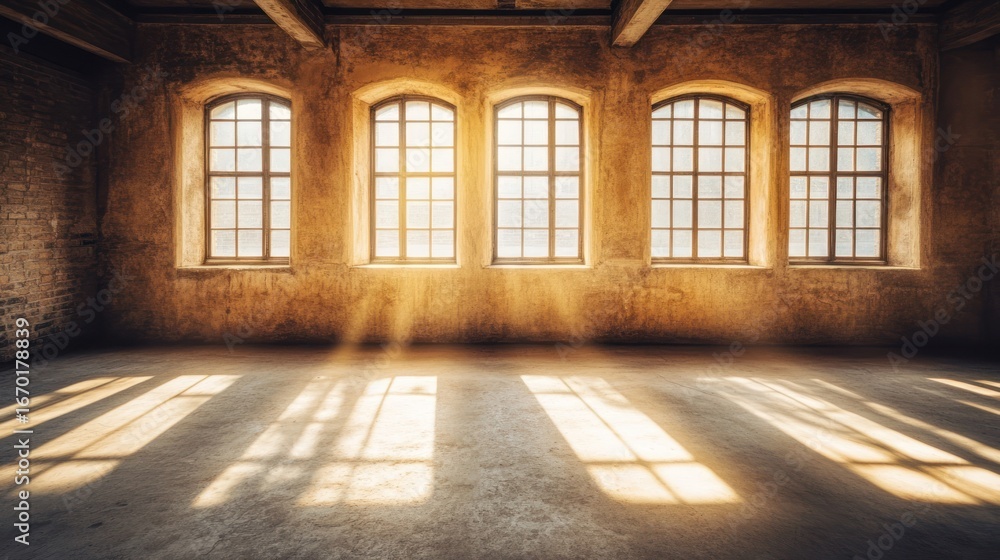 Poster sunlit interior with rustic walls large windows and dramatic light patterns on the floor