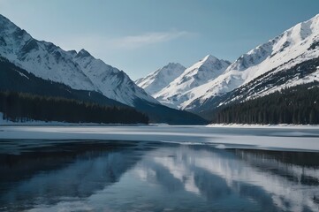 Snow-Capped Mountain Range Reflection on Calm Lake in Winter Landscape