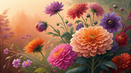 Fototapeta premium Vibrant bouquet of colorful dahlias and wildflowers in soft sunlight