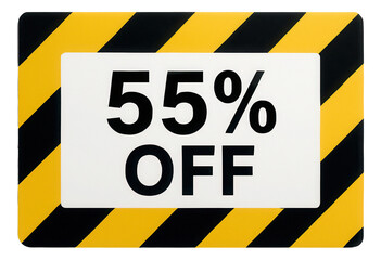 Bold rectangular sticker with 55% OFF discount on a striking yellow and black striped background for a retail promo on transparent background.