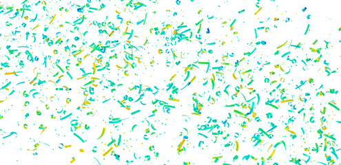 Bright teal and gold confetti falling on white. Perfect for party invitations, celebrations, and festive designs.