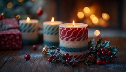 Three lit Christmas candles with red and green patterns and holly berries burning festive