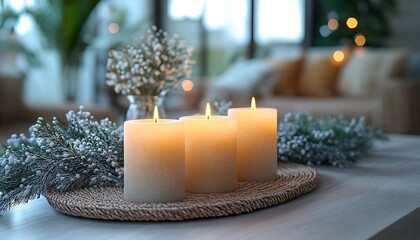 Three lit cream pillar candles on woven mat with frosted greenery white