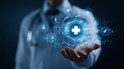 Digital healthcare innovation Doctor showcasing a futuristic health tech interface with medical icons and a glowing cross symbol hovering over his hand