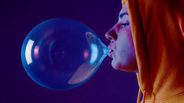 Young person in orange hoodie blowing blue bubblegum bubble with neon light glow