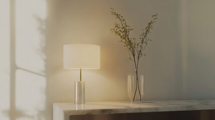 Minimalist glass table lamp with a fabric shade sitting on a marble console table in a hallway offering soft ambient light against a simple and stylish backdrop