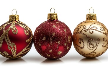 Three ornate Christmas baubles red gold glitter decorations on white background ornament