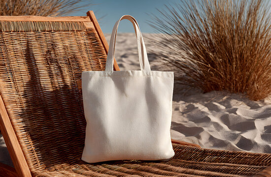 Blank white canvas tote bag resting on beach chair wth sand background. Natura linen, cotton fabric shoper promotes zero waste, ec-friendly shopping. Perfec for summer holidays, grocry trips,