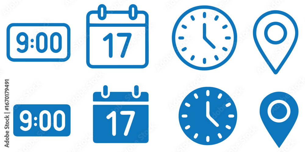 Poster address time date icons set. address location icon. clock icon. calendar icon. time, date and addres