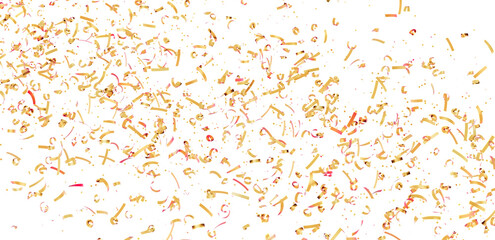 High-resolution image of golden confetti falling on a white background, perfect for celebratory designs.