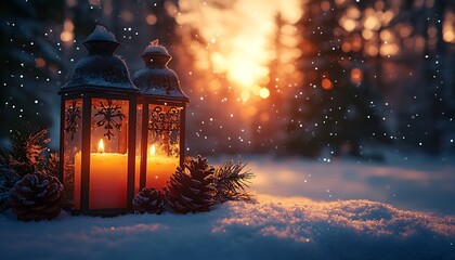 Two lit Christmas lanterns in snowy forest with pine cones and sunset candle light