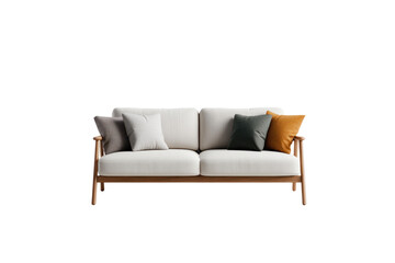 Fototapeta premium Modern Sofa with Pillows: A modern and minimalist sofa with light cushions, soft pillows arranged for comfort.