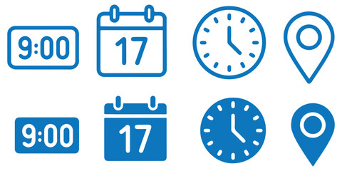 Address time date icons set. Address location icon. Clock icon. Calendar icon. Time, date and address icon set. Calendar, clock, location. Editable stroke. Vector illustration