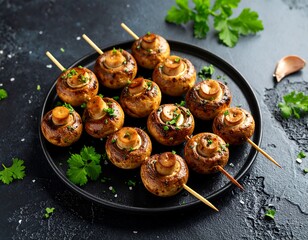 Roasted mushroom skewers on a dark plate