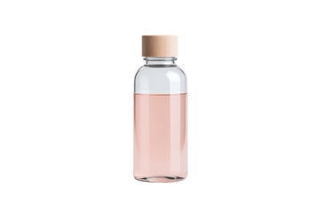 Rose Liquid in Glass Bottle: A minimalist visual of a small glass bottle with a light pink liquid, sealed by a natural wood cap. This image conveys purity, health, and simplicity.