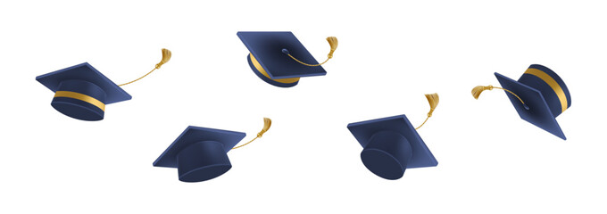Graduates celebration. 3D Flying black graduate hat