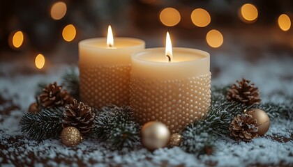 Two lit cream candles with textured sides surrounded by pine cones and snow Christmas