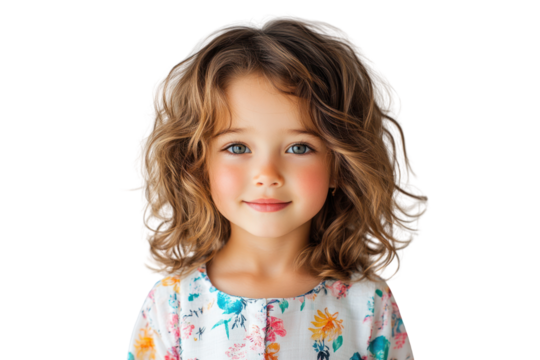 Sweet girl: This portrait is a headshot of an adorable little girl with long curly hair and bright eyes, gazing directly at the camera with an innocent and endearing expression.