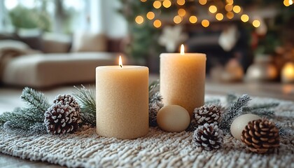 Two lit cream pillar candles with pine cones and frosted fir branches image