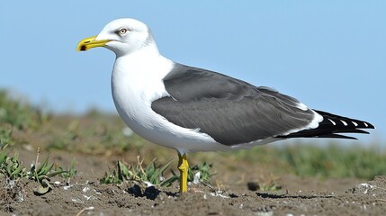 Obraz premium American Black-Footed Gull on Beach, Side Profile with White-Grey Feathers, Dark Body and Yellow Beak, Blurred Sand Dunes & Blue Sky, High Res 