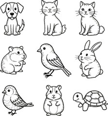 Isolated a Pet animals doodle icon set. Cute hand drawn of dog, cat, rabbit, hamster, bird, turtle. Black and white cartoon art for domestic pets. Vintage marker drawing collection. vector art .