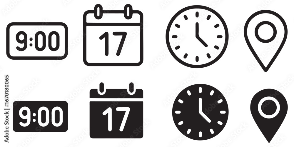 Poster address time date icons set. address location icon. clock icon. calendar icon. time, date and addres