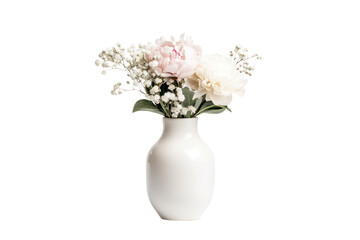 Vase of Elegance: A minimalist composition features a delicate vase holding a graceful bouquet of peonies and baby's breath, exuding a sense of refined beauty.