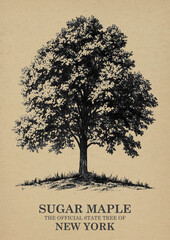 New York State Tree Sugar maple Wall art Poster, Illustration For Wall Hanging Home Decoration Vintage Wall Art, Us State Poster