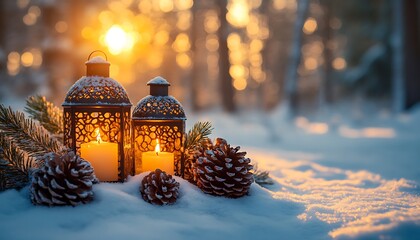 Two lit lanterns with candles and pinecones in snow with warm sunlight winter