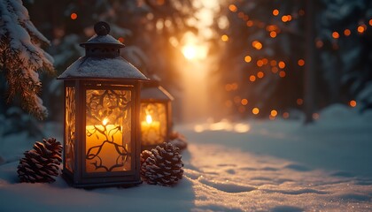 Two lit lanterns with pine cones in snowy forest at sunset with bokeh lights winter candle