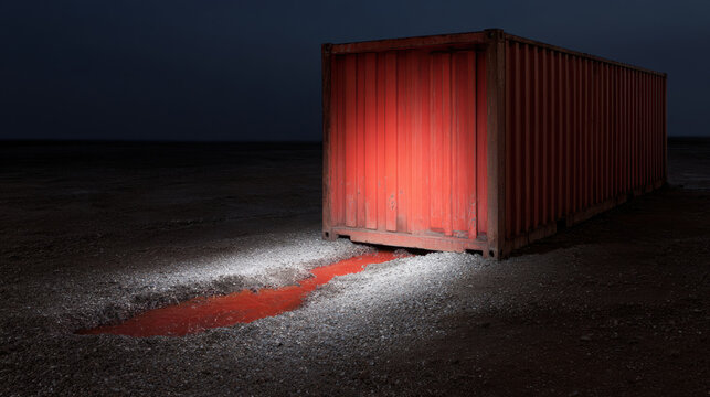 Red shipping container cargo at night with red spill illuminated on gravel creating moody scene cargo seizure