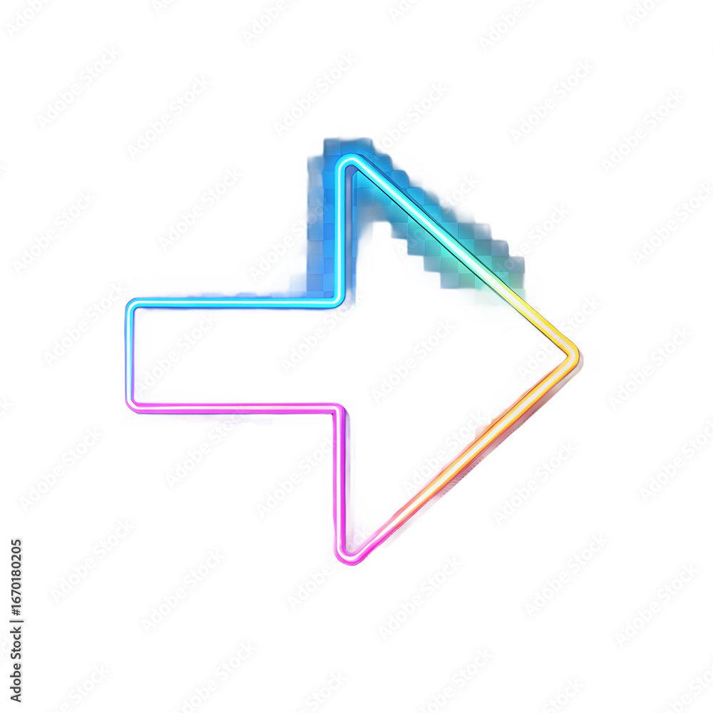 Poster vibrant neon arrow pointing to the right with a pixelated edge isolated on transparent background